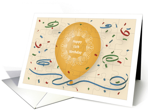 Happy 13th Birthday with orange balloon and puzzle grid card (1073272)