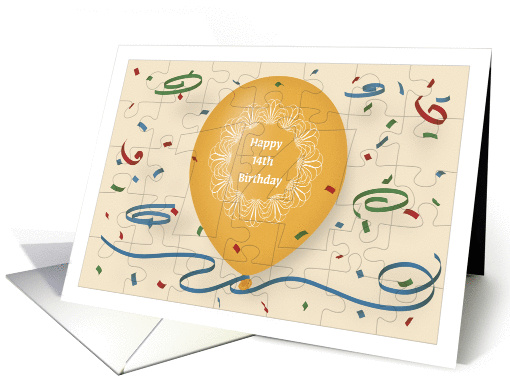 Happy 14th Birthday with orange balloon and puzzle grid card (1073430)