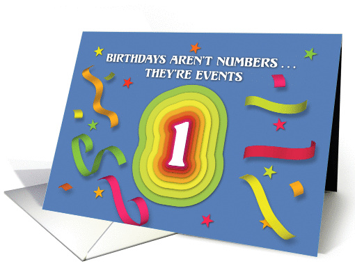 Happy 1st Birthday Celebration with confetti and streamers card