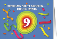 Happy 9th Birthday Celebration with confetti and streamers card
