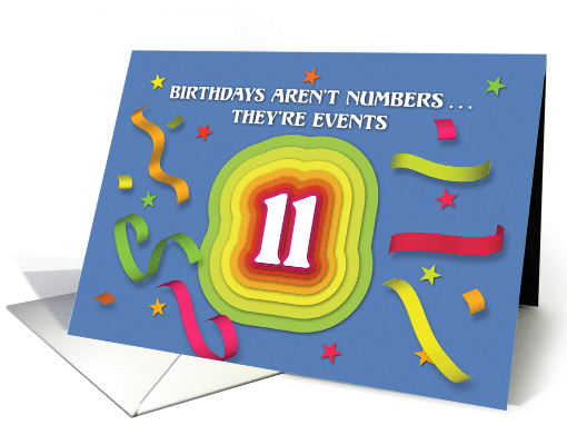 Happy 11th Birthday Celebration with confetti and streamers card