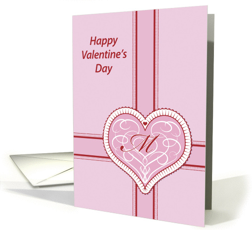 Valentines Day, monogram 'M' with filigree pink heart, Blank Note card