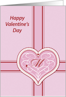 Valentines Day, monogram ’M’ with filigree pink heart, Blank Note Card