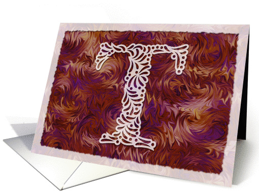 Ornamental Monogram 'T' with warm red background card (980369)