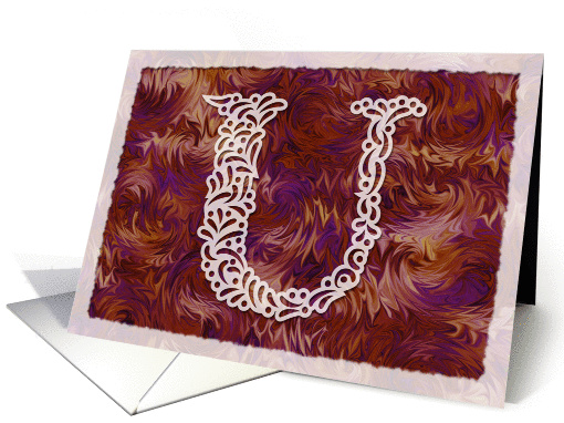 Ornamental Monogram 'U' with warm red background card (980619)