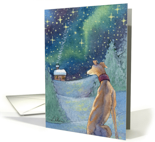 Greyhound dog gazes across the starlit snow towards the... (1399010)
