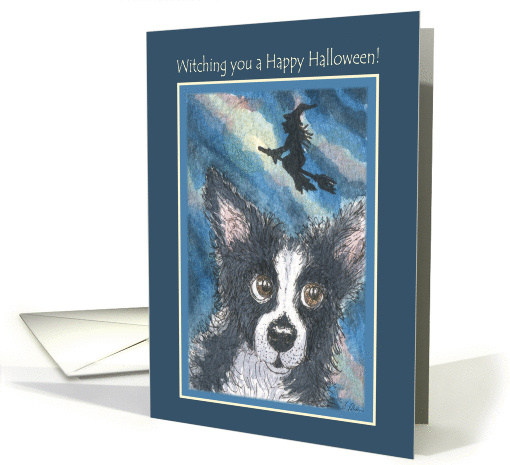 Happy Halloween, border collie with witch flying overhead. card