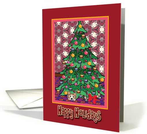 Happy Holidays, Corgi hiding under a Christmas tree card (1451134)