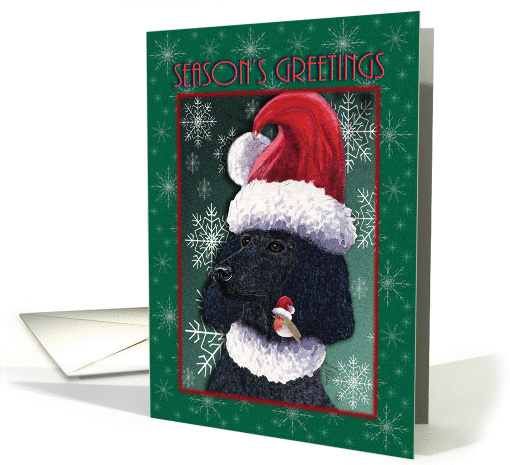 Season's Greetings, Poodle and Red Robin friends in Santa hats card