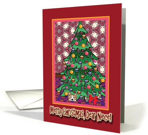 Merry Christmas Niece, Corgi under a Christmas tree card (1452372)