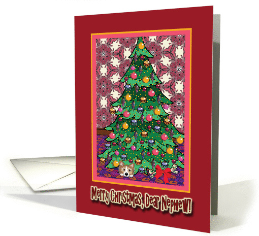 Merry Christmas Nephew, Corgi under a Christmas tree card (1452374)