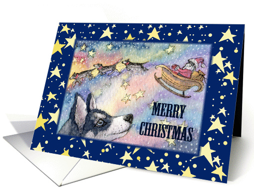 Merry Christmas, husky reindeer with santa's sleigh card (1453256)