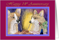 Happy 14th Anniversary, Corgi dogs romantic couple anniversary card