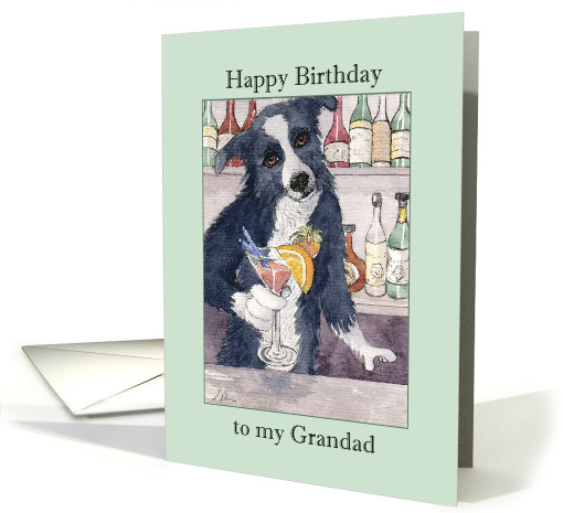 Happy Birthday to my Grandad, Sheepdog holding a drink birthday card
