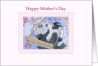 Happy Mother’s Day, Border Collie dog swinging through the blossom card