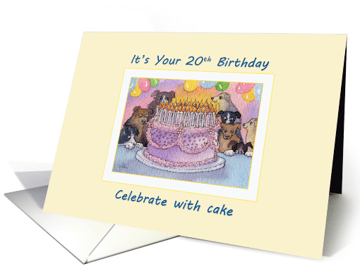 20th Birthday dog card, party dogs with birthday cake and candles card