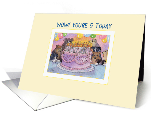 5th Birthday dog card, party dogs with birthday cake and candles card