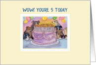 5th Birthday dog card, party dogs with birthday cake and candles card