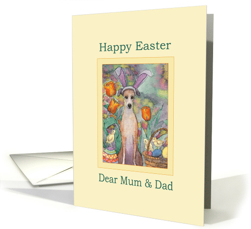 Happy Easter Mum & Dad, Greyhound in bunny ears card (1466056)