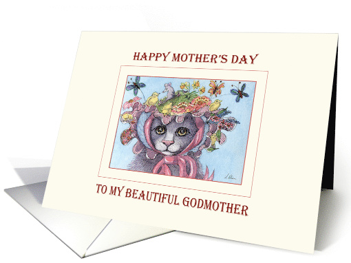 Happy Mother's Day Godmother, Cat in a bonnet Mother's Day card