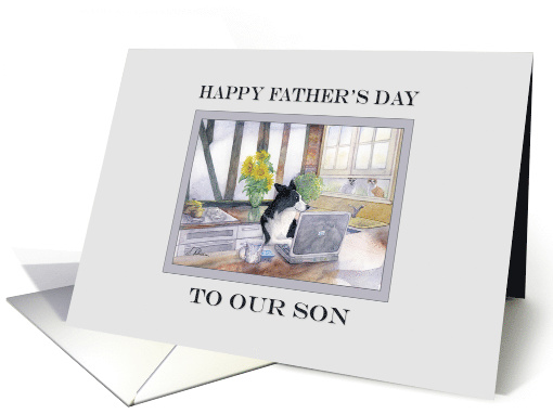 Happy Father's Day, Son - border collie dog on his laptop card