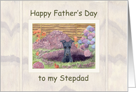 Happy Father’s Day, dog in the garden, Stepdad Father’s Day card