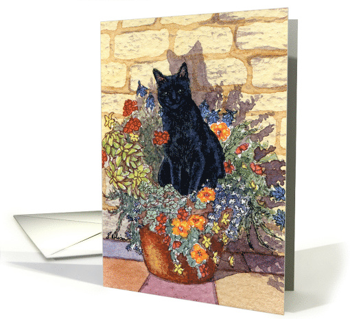 Black cat sitting in the flower pot on a sunny day card (1471892)