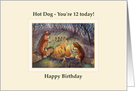Happy 12th Birthday card, Corgis cooking on a camp fire card