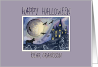 Happy Halloween Grandson, spooked corgi dog near a haunted house card