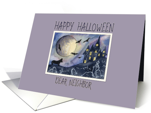 Happy Halloween Neighbor, spooked corgi dog near a haunted house card
