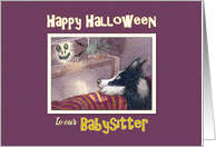 Happy Halloween Babysitter, Border Collie dog hiding behind the sofa card