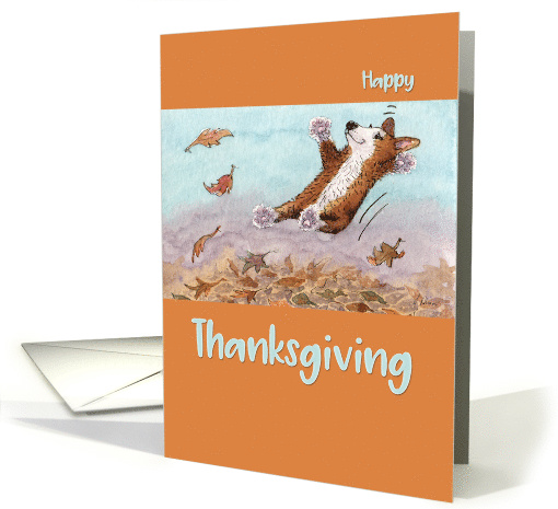 Happy Thanksgiving, Corgi dog jumping in Autumn leaves card (1474138)