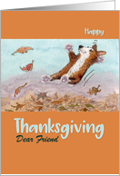 Happy Thanksgiving Friend, Corgi dog jumping in Autumn leaves card