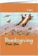 Happy Thanksgiving Son, Corgi dog jumping in Autumn leaves card