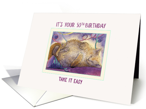 Happy 50th Birthday cat card, cat taking a break from the party card