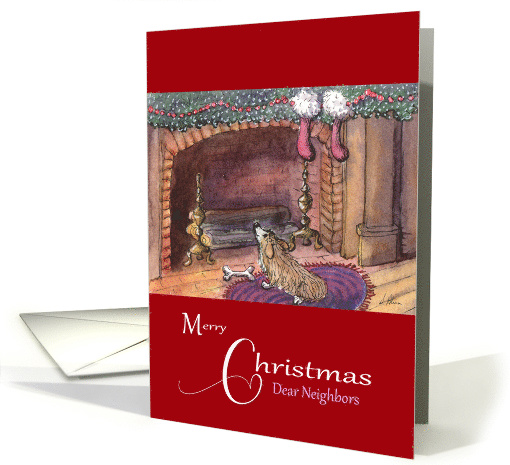 Merry Christmas Neighbors, Corgi dog by the fireplace card (1478968)