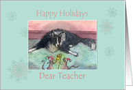 Happy Holidays Teacher, border collie dog and christmas mice card