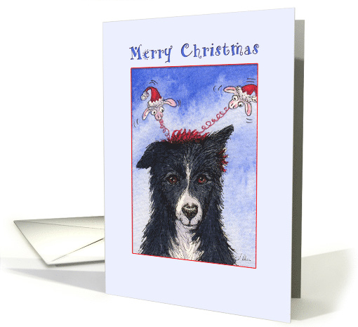 Merry Christmas, border collie dog with Christmas head boppers card