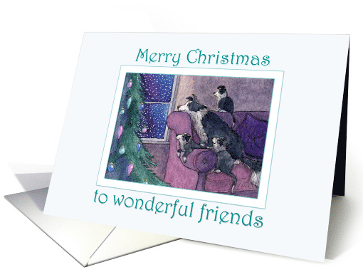 Merry Christmas Friends, border collie family waiting for Santa card