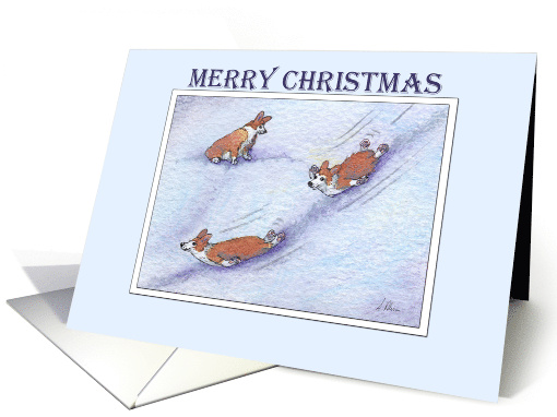 Merry Christmas, Corgi dogs snow sliding card (1489630)