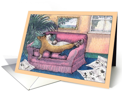 All tuckered out! Corgi dog on the sofa, blank, any occasion card