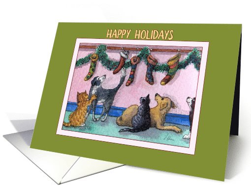 Happy Holidays, cats and dogs with Christmas stockings card (1492950)