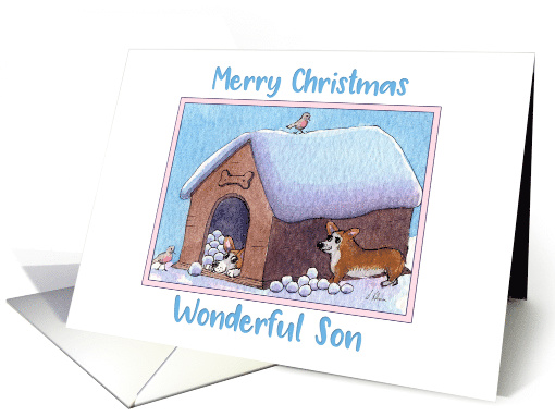 Merry Christmas Son, Corgi dogs playing snowballs card (1493002)