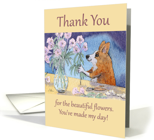 Thank you for the beautiful flowers, corgi dog & flowers, blank card