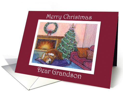 Merry Christmas Grandson, corgi dog by the fireside card (1495488)