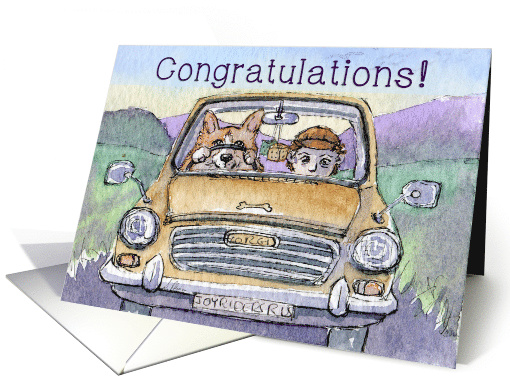 Driving test congratulations, corgi dog driving his hoomun card