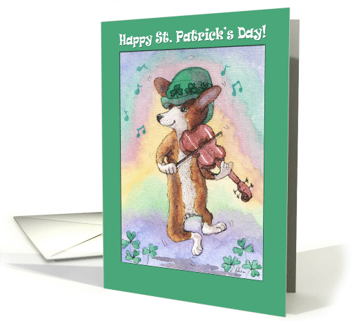 Happy St. Patrick's Day, corgi dog leprechaun, playing violin card