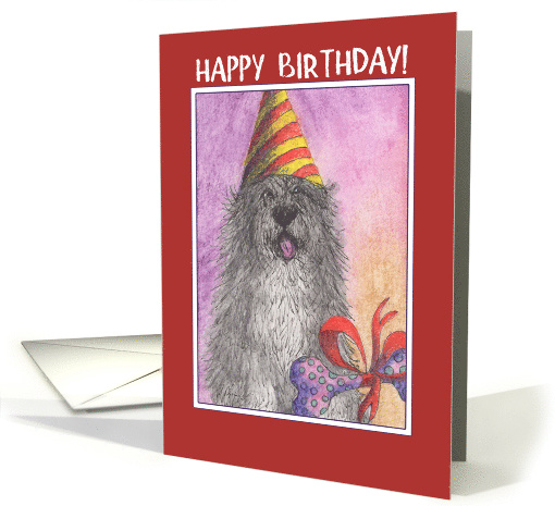 Happy Birthday, OES, Old English Sheepdog with present, card (1511414)