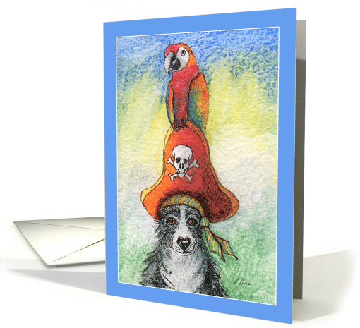 Pirate Day! Border collie dog and parrot, blank, any occasion card