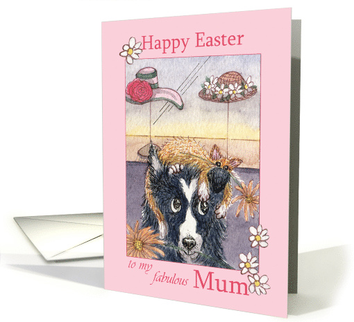 Happy Easter Mum, border collie dog in cat bonnet card (1516358)